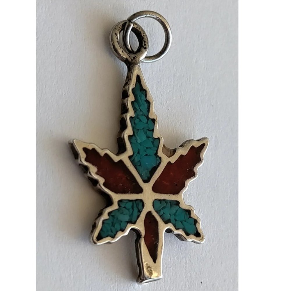 Solid Sterling Silver Crushed Turquoise Coral  Recreational Maple Leaf Charm